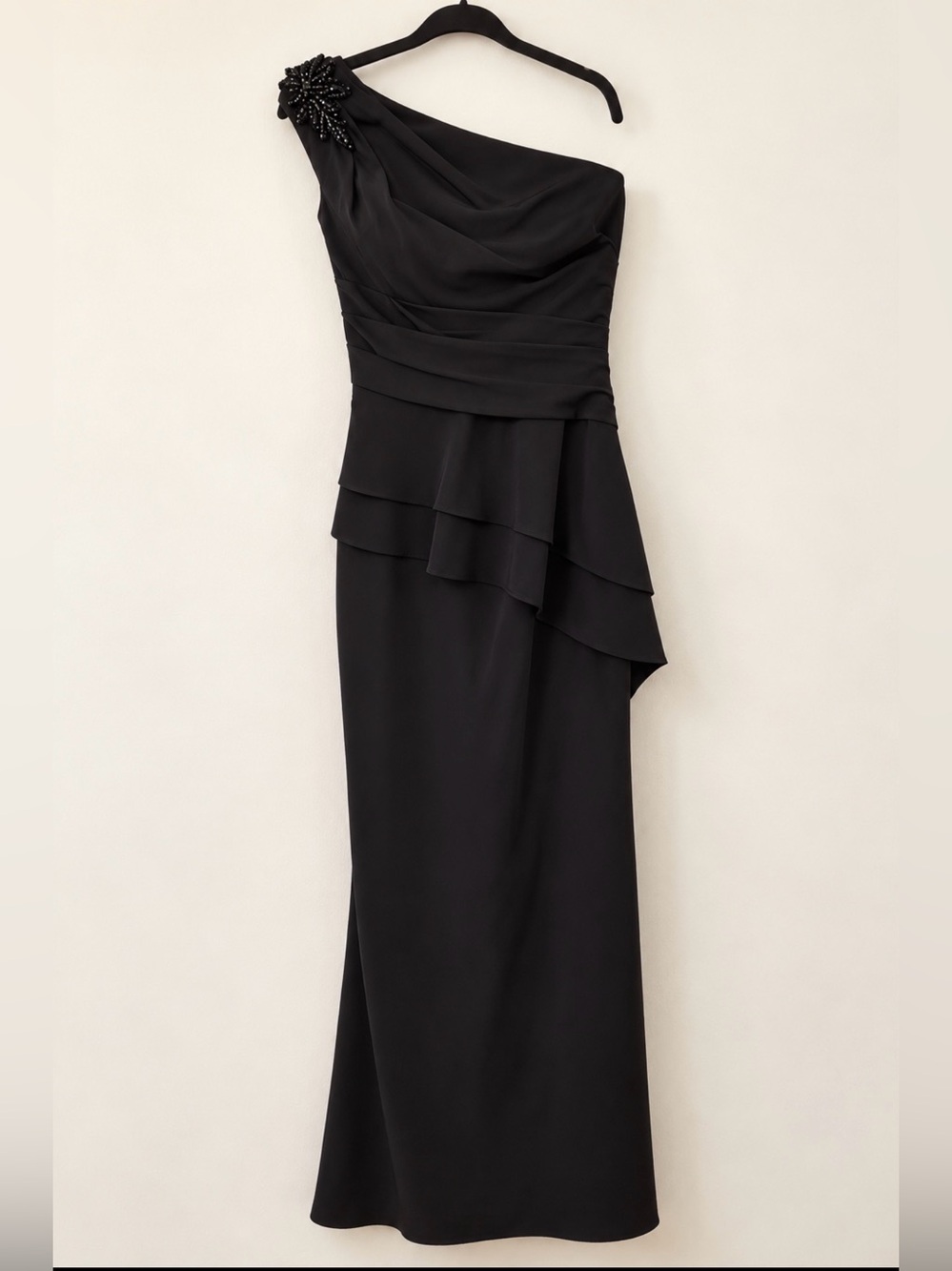 One-Shoulder Black Layered Evening Dress